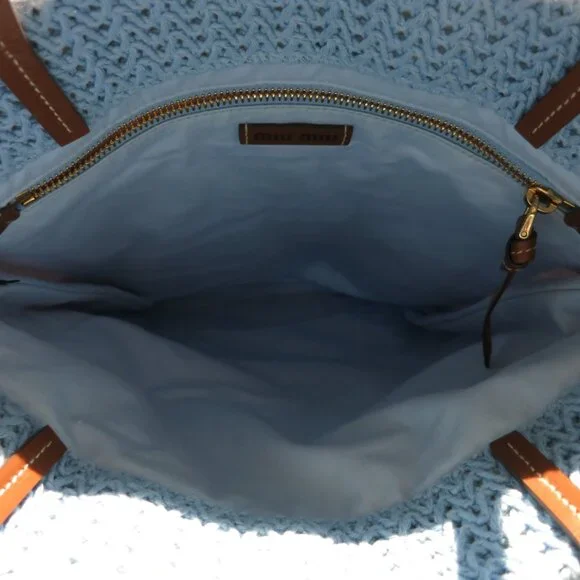 MIU MIU LIght Blue Beige Orange Raffia-Effect Embroidery Vertical Woven Tote Bag - Picture 8 of 9